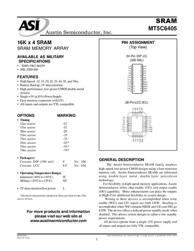 Austin Semiconductor MT5C6405 SRAM Datasheet - cover page