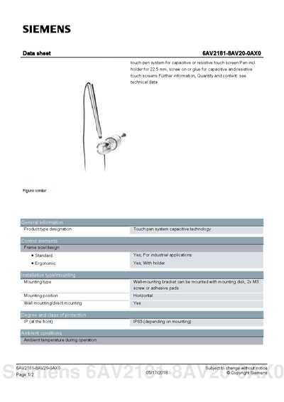 Siemens 6AV2181-8AV20-0AX0 Touch Pen System Datasheet - cover page
