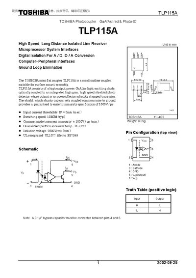 Toshiba TLP115A Photocoupler Datasheet - cover page