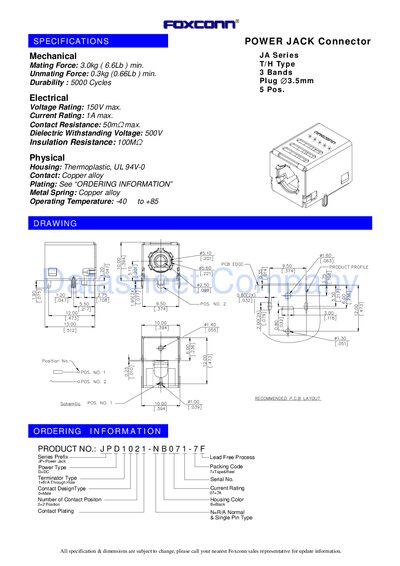 Foxconn JA Series Power Jack Datasheet - cover page