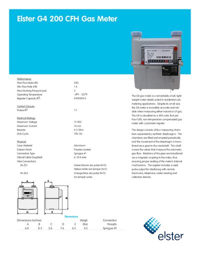 Elster G4 200 CFH Gas Meter Product Data Sheet - cover page
