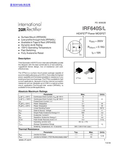 International Rectifier IRF640S/L HEXFET Power MOSFET Datasheet - cover page