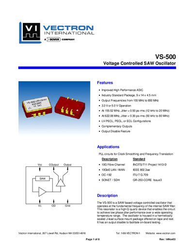 Vectron VS-500 Voltage Controlled SAW Oscillator Datasheet - cover page