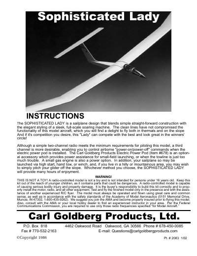 Carl Goldberg Products Sophisticated Lady Sailplane Construction Manual - cover page