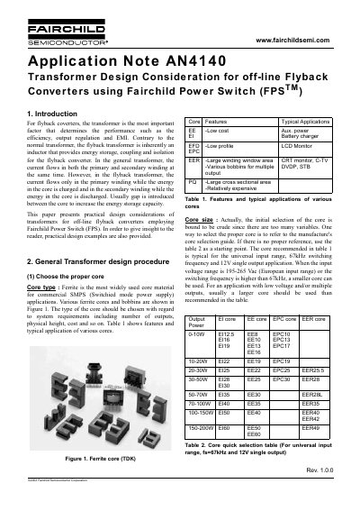 Fairchild Semiconductor AN4140 Transformer Design Consideration for Offline Flyback Converters Using Fairchild Power Swi - cover page