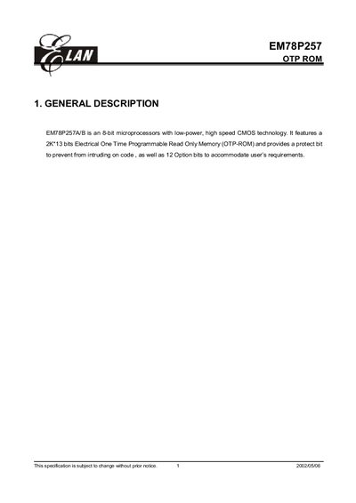 ELAN EM78P257 OTP ROM Datasheet - cover page