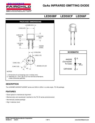 Fairchild LED55BF/LED55CF/LED56F Infrared Emitting Diode Datasheet - cover page