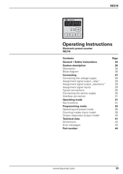 Baumer NE216 Electronic Preset Counter Operating Instructions - cover page