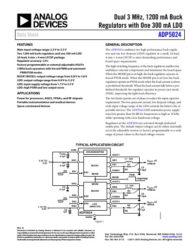 Analog Devices ADP5024 Dual 3 MHz 1200 mA Buck Regulators with 300 mA LDO Data Sheet - cover page
