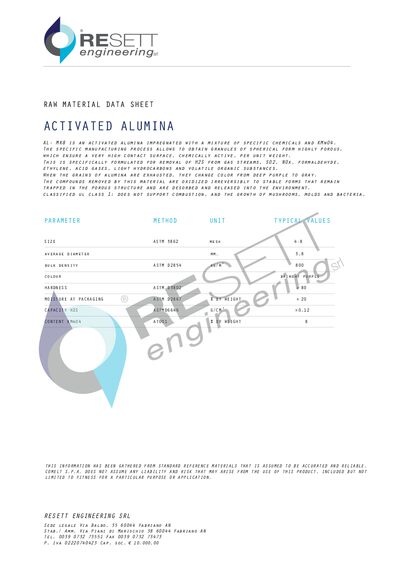 Resett Engineering AL-MK8 Activated Alumina Data Sheet - cover page