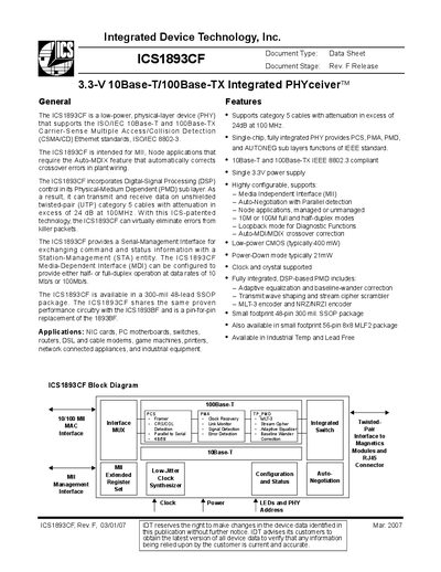 Integrated Device Technology ICS1893CF Datasheet - cover page