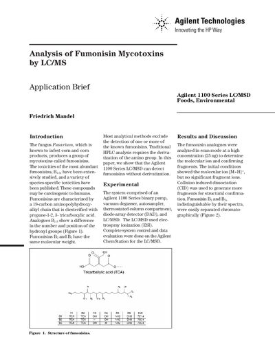 Agilent 1100 Series LC/MSD Fumonisin Analysis Application Brief - cover page