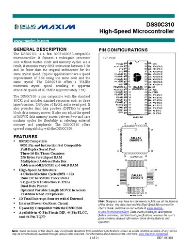 Maxim DS80C310 Datasheet - cover page