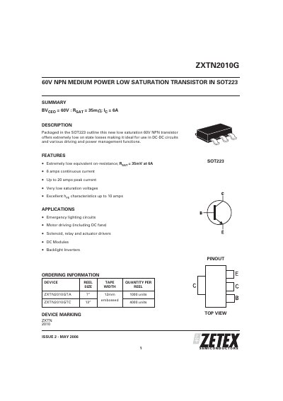 Zetex ZXTN2010G 60V NPN Medium Power Low Saturation Transistor Datasheet - cover page