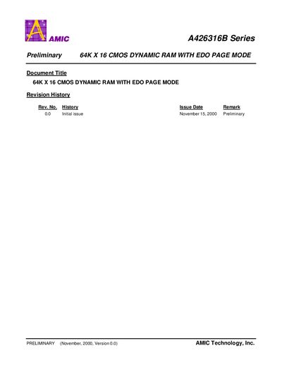 AMIC A426316B Series 64K x 16 CMOS Dynamic RAM Datasheet - cover page