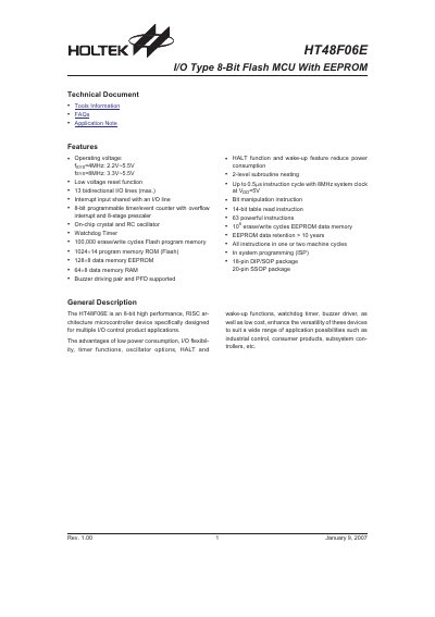 HT48F06E 8‑Bit Flash MCU User Manual - cover page