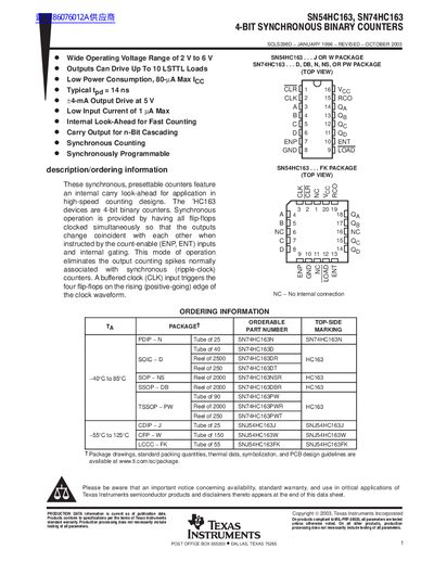 Texas Instruments SN54HC163 and SN74HC163 Datasheet - cover page