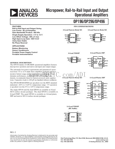 Analog Devices OP196/OP296/OP496 Operational Amplifier Handbook - cover page