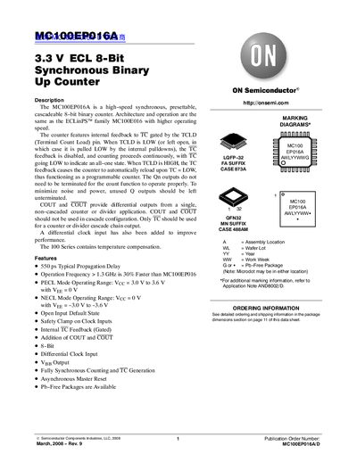 ON Semiconductor MC100EP016A Data Sheet - cover page