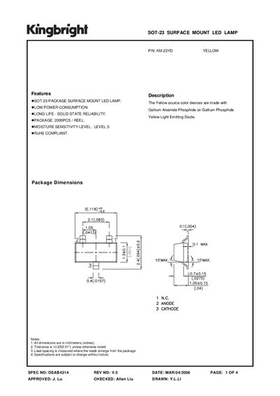 Kingbright KM-23YD Yellow SOT-23 Surface Mount LED Lamp Datasheet - cover page