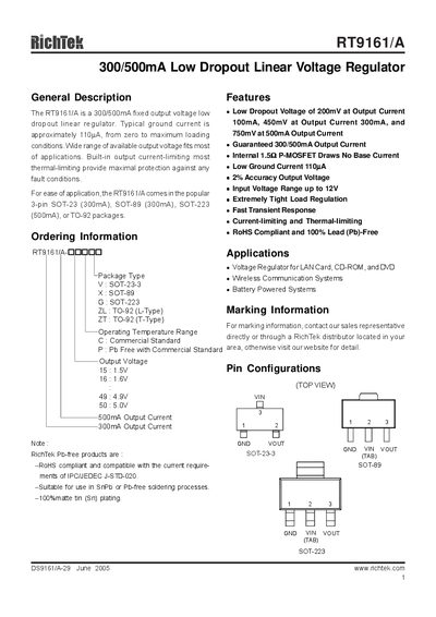 Richtek RT9161/A Datasheet - cover page