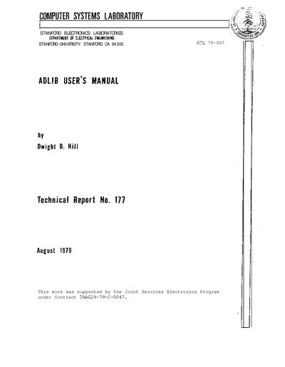 Stanford ADLIB Programming Language User Manual - cover page
