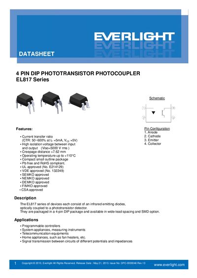 Everlight EL817 Photocoupler Datasheet - cover page