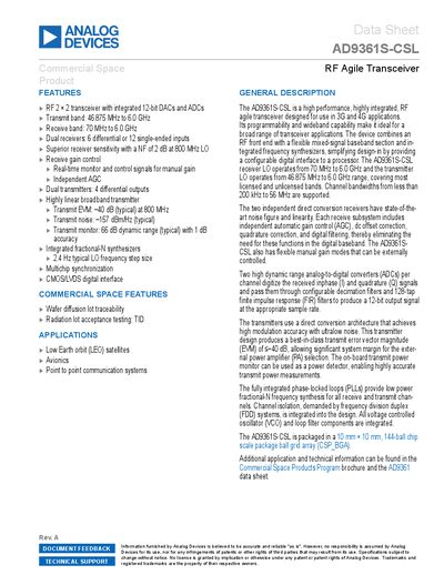 Analog Devices AD9361S-CSL RF Agile Transceiver Data Sheet