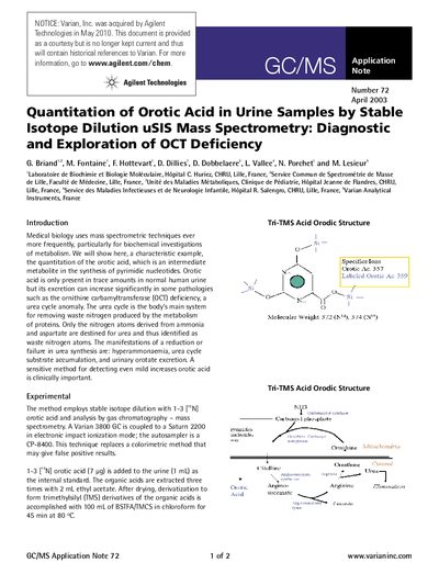 Agilent Application Note 72: Quantitation of Orotic Acid in Urine Samples by Stable Isotope Dilution uSIS Mass Spectrome - cover page