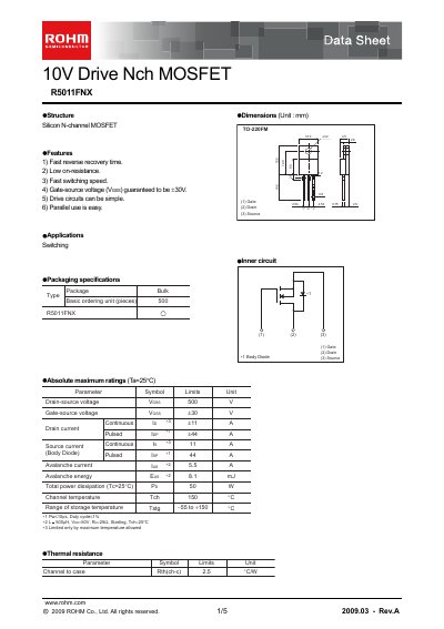ROHM R5011FNX N-channel MOSFET Data Sheet - cover page