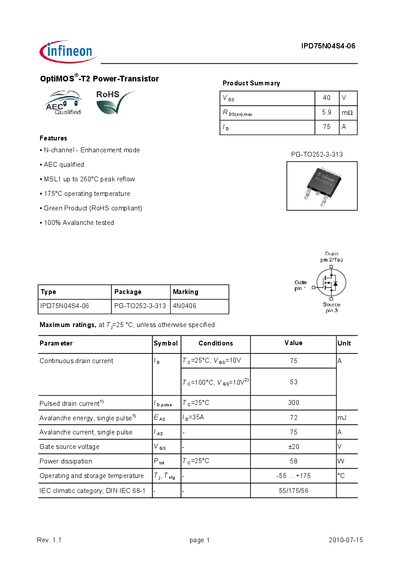 Infineon IPD75N04S4-06 OptiMOS®-T2 Power Transistor Data Sheet - cover page