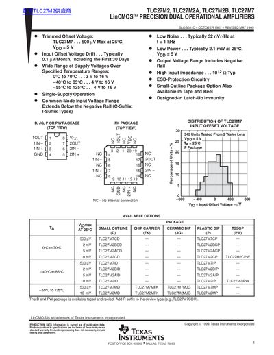 TEXAS INSTRUMENTS TLC27M2 TLC27M2A TLC27M2B TLC27M7 LinCMOS PRECISION DUAL OPERATIONAL AMPLIFIERShandbook - cover page