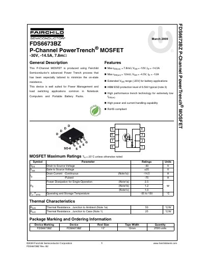 Fairchild FDS6673BZ P-Channel MOSFET Datasheet - cover page