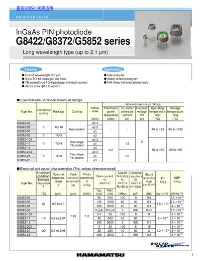 Hamamatsu G8422/G8372/G5852 Series InGaAs PIN Photodiode Datasheet - cover page