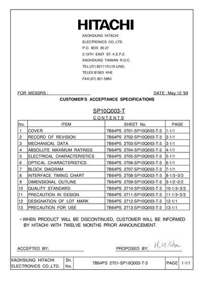 Hitachi SP10Q003-T LCD Module Datasheet - cover page