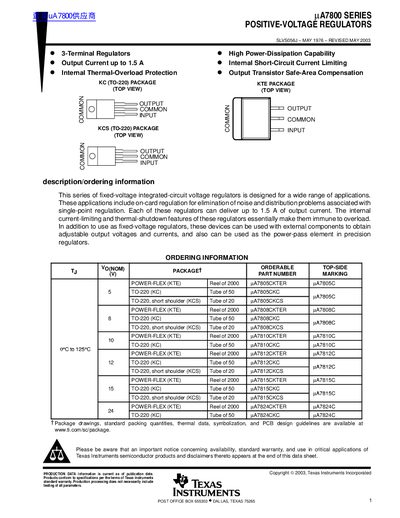 Texas Instruments A7800 Series Positive-Voltage Regulators Data Sheet - cover page