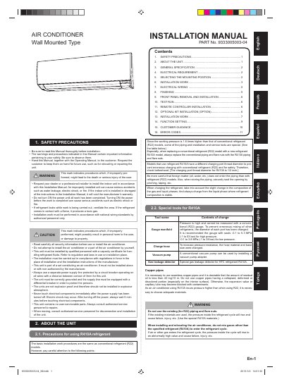 AIR CONDITIONER Wall Mounted Type Installation Manual - cover page