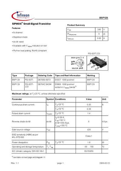 Infineon BSP129 Small‑Signal Transistor Datasheet - cover page