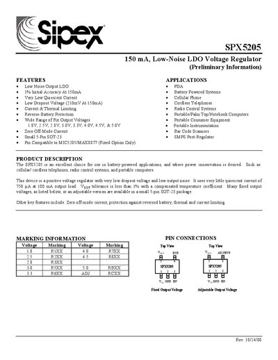 Sipex SPX5205 Low-Noise LDO Voltage Regulator Datasheet - cover page