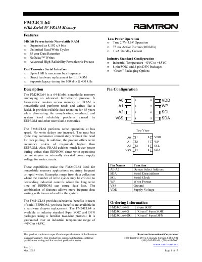 Ramtron FM24CL64 64Kb Serial 3V FRAM Memory Datasheet - cover page