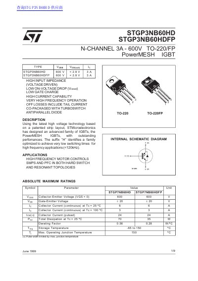 STMicroelectronics STGP3NB60HD/STGP3NB60HDFP N-Channel 3A-600V IGBT Datasheet
