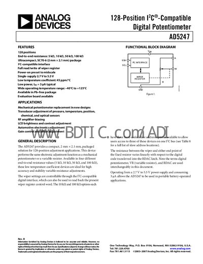 Analog Devices AD5247 Digital Potentiometer Datasheet - cover page