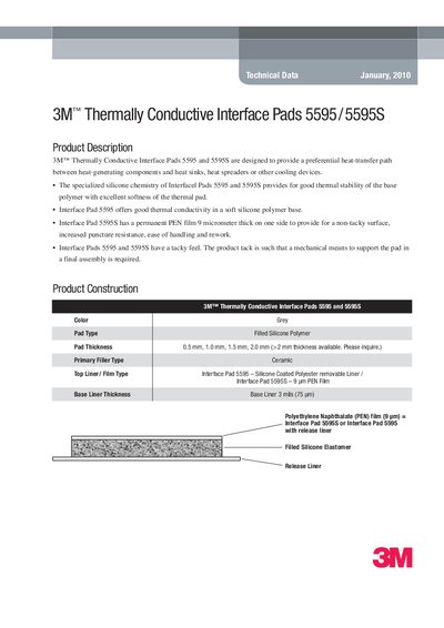 3M Thermally Conductive Interface Pads 5595/5595S Product Data Sheet - cover page