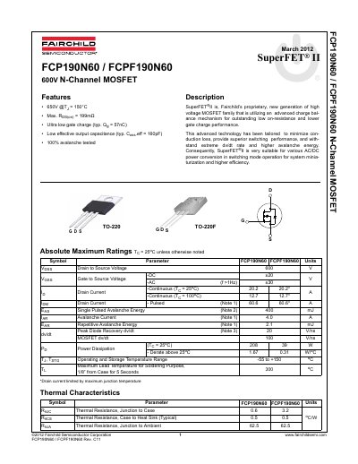 Fairchild Semiconductor FCP190N60/FCPF190N60 600V N-Channel MOSFET Datasheet - cover page