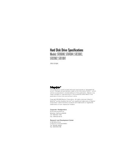 Maxtor Hard Disk Drive Specifications for Models 5T060H6 through 5T010H1 - cover page