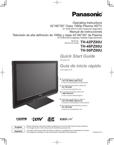 Panasonic TH-42PZ80U/TH-46PZ80U/TH-50PZ80U Plasma HDTV Operating Instructions - cover page