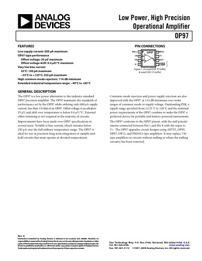 Analog Devices OP97 Operational Amplifier Datasheet - cover page