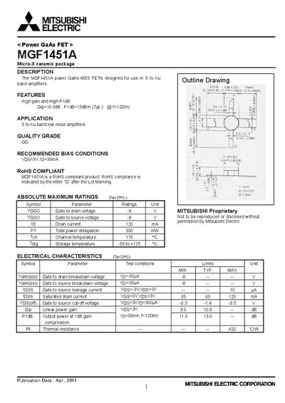 Mitsubishi MGF1451A Power GaAs FET Datasheet - cover page