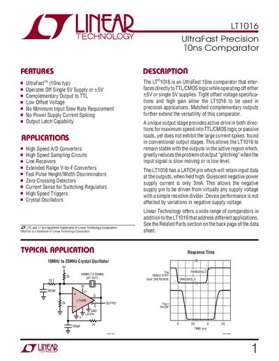Linear Technology LT1016 UltraFast 10ns Comparator Datasheet - cover page