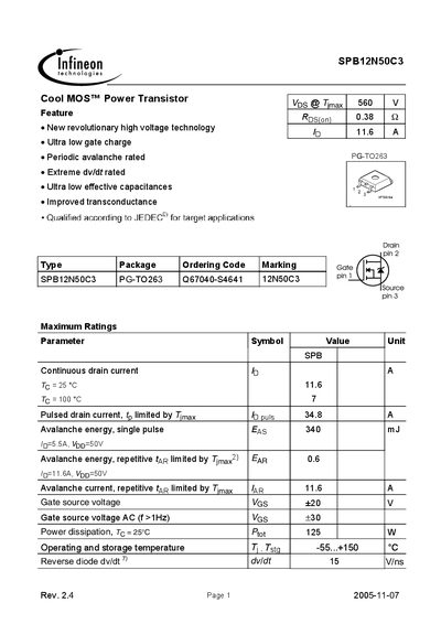 Infineon SPB12N50C3 Power Transistor Datasheet